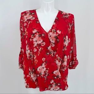 Kut from the Kloth Red Floral Wrap-Style V-Neck Blouse